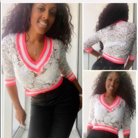 Tops - Lace Cardigan Pink Stripe White Varsity Top